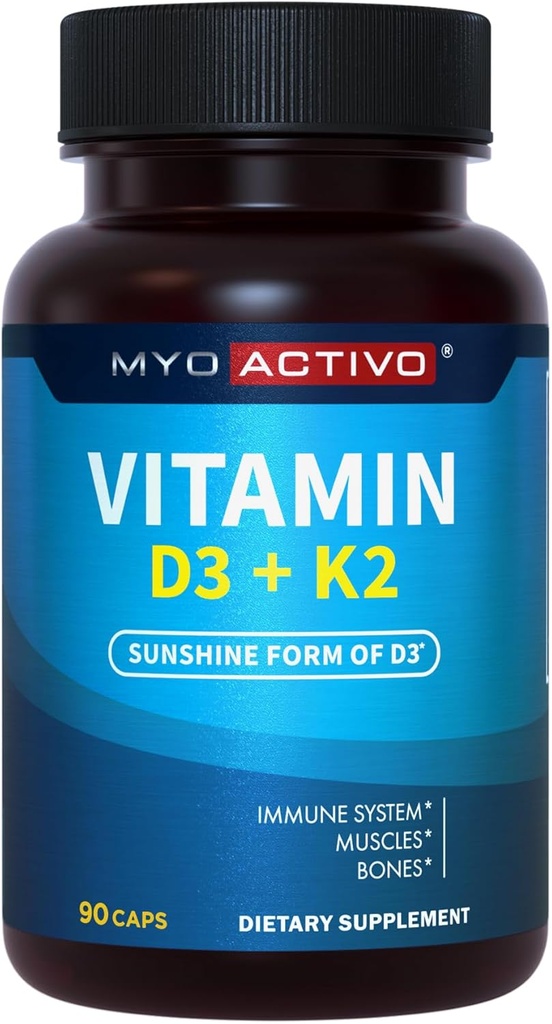 Vitamin D3 K2 Supplement 5000 IU & 200 mcg - høy absorpsjon D3, patentert MK7 & MK4, hjerte helse, immunstøtte, 90 vegetariske kapsler