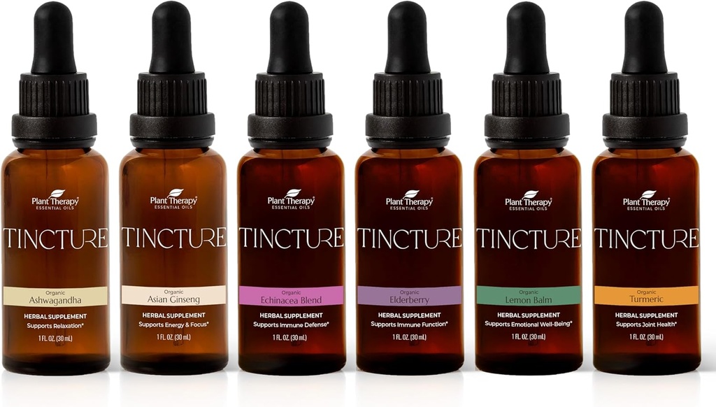 Plant Therapy Organic Tinctures Beginner Set 30 mL Each of Organic Ashwagandha, Asian Ginseng, Echinacea Blend, Elderberry, Lemon Balm & Turmeric