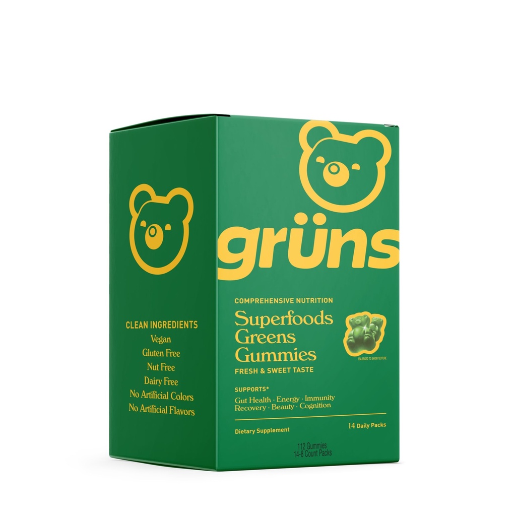 Gruns Super Greens Gummy Bears - Organic Spirulina and Chlorella, Prebiotics for Digestive Health, 20+ Vitamins and Minerals - 14 sachets - 112 Gummies