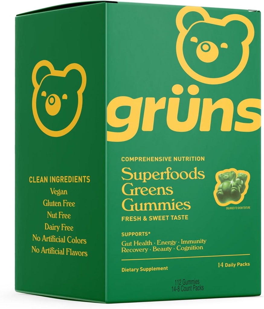 Gruns Super Greens Gummy Bears - Organic Spirulina og Chlorella, Prebiotika for Digestiv Helse, 20+ Vitaminer og Mineraler - 14 poser - 112 Gummies