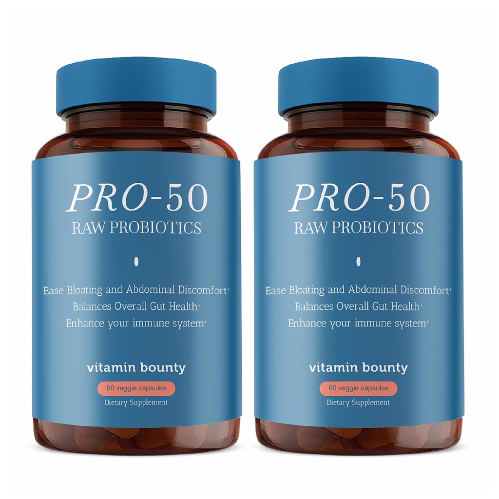 Vitamin Bounty Pro-50 Probiotic 50 Billion CFU - 13 Strain Supplement for Men & Women + Prebiotics - Digestive Health & Gut Support - Lactobacillus & Bifidobacterium - Delayed Release Capsules, 2 Pack