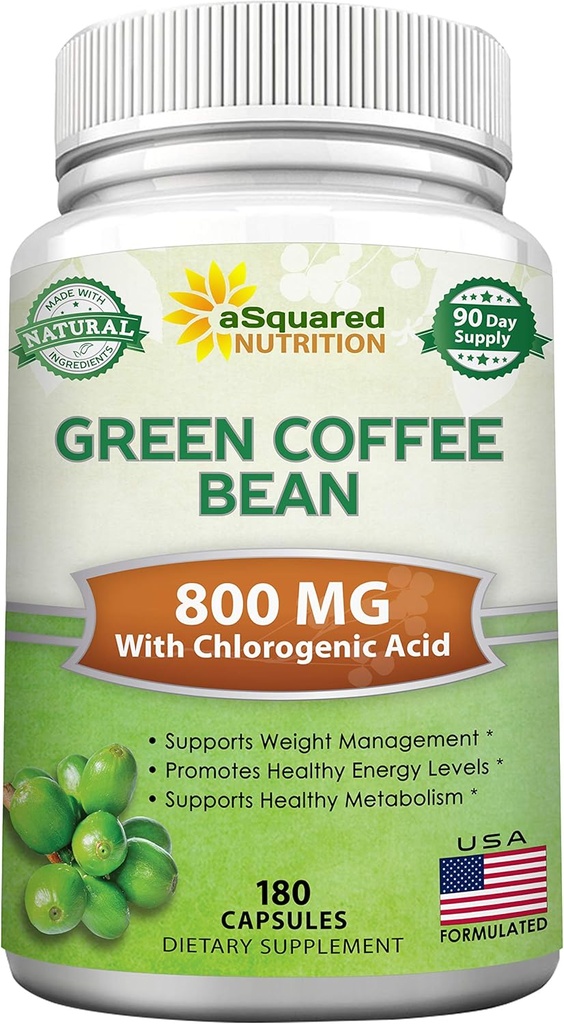 aSquared Nutrition Natural Green Coffee Bean Formula-180 Capsules-Max Strength GCA Antioxidant Cleanse for Pure Weight Loss, 800mg per Pill-Chlorogenic Acid-1600mg Daily Supplement, Healthy Fat Burner