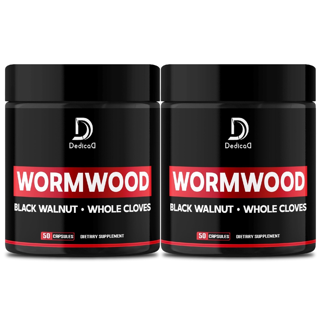 DEDICAD Wormwood Capsules - 12 Herbs Blended Black Walnut, Cloves, Ginger, Turmeric, Cinnamon, Apple, Quassia - 2 Packs 50 Capsules