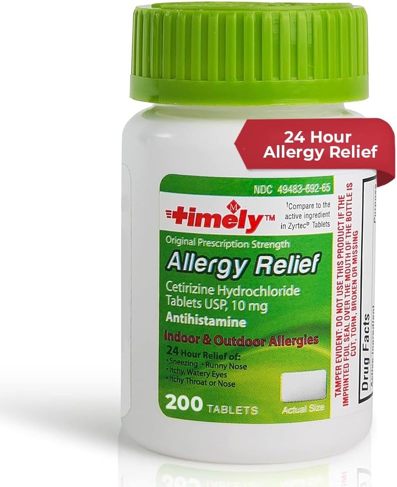 TIME-CAP LABS, INC. Timely Cetirizine HCl 10 Mg 200 Tablets - 24 Hour Allergy Relief from Sneezing, Runny Nose, Itchy Watery Eyes, Itchy Throat, Nose - Indoor and Outdoor Allergy Medicince