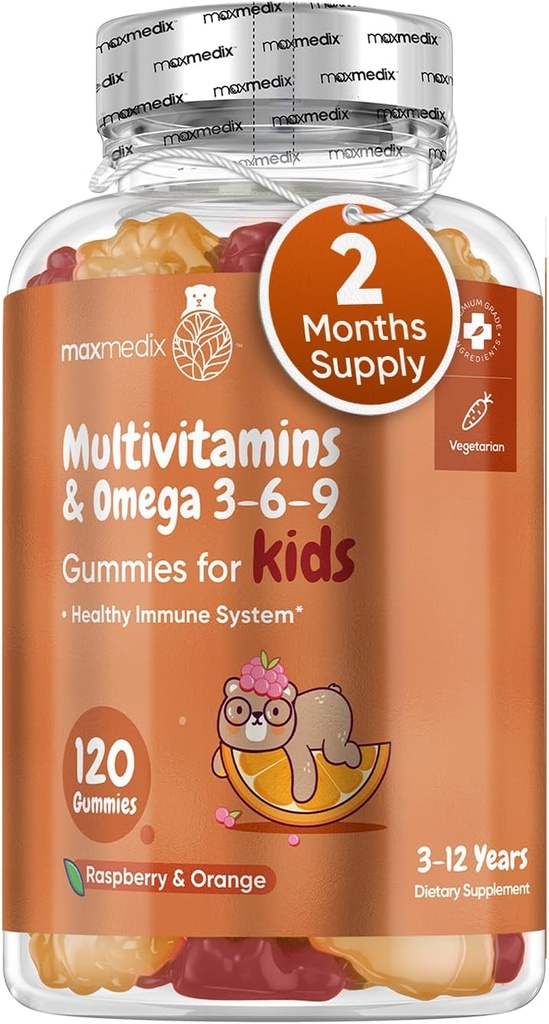 Maxmedix Kids Multivitamin Gummies med Omega 3 6 9 - 120 Gummies (60 portioner) - Essential Kids Vitamin A, C, D & B12, Minerals & Nutrients - Natural Raspberry & Orange smak - Tredjepartstestad