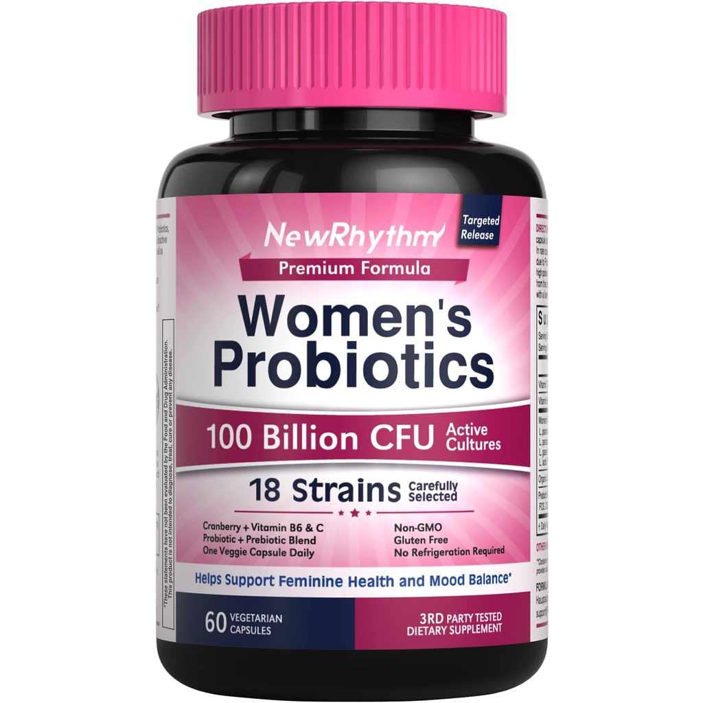 NewRhythm Probiotics for Women, P-5-P, Vitamin C & Organic Cranberry, 100 Billion CFU 18 Strains, Prebiotics & Vaginal Probiotics for Digestive Health & PH Balance, 60 Capsules, No Dairy