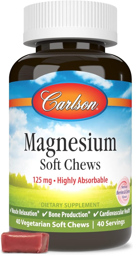 Carlson Magnezij Soft Chews 125 mg Zelo absorbbilne mišice Sprostitev in splošno zdravje - jagode in kremne arome - 40 vegetarijanski mehki žveči