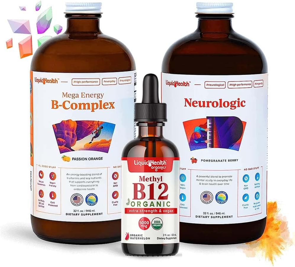 LIQUIDHEALTH Voksen Focus & Energi Flytende Vitamin Bundle med Mega Energy B-Complex, USDA Organic Methyl B12 Drops, nevrologisk nootropisk Focus Supplement - Øk energi, Mood - USA laget, Vegan, Ikke-GMO