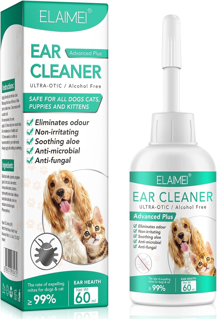 개를위한 귀 클리너, 개 귀 감염 치료 - Soothing Dog Yeast Infection, Soothes Itchy & Inflamed Ears, 귀 냄새, 애완 동물 귀 케어 보충을 지원 - 60ml