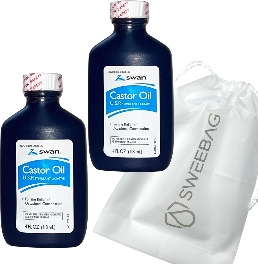 SWAN Castor Oil USP 100% 用于缓解偶发便秘的兴奋剂 4 Fl Oz (Pack of 2) 加袋坚固和防水