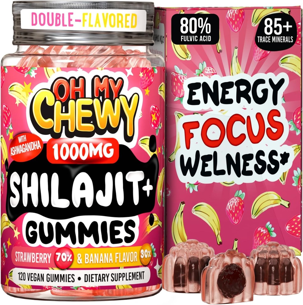Pure Himalayan Shilajit Gummies - High Potency Gold Grade Resin - Energy Boost and Immune Support for Hombres and Women with Ashwagandha and Shatavari - 120 Gummy - Strawberry & Banana