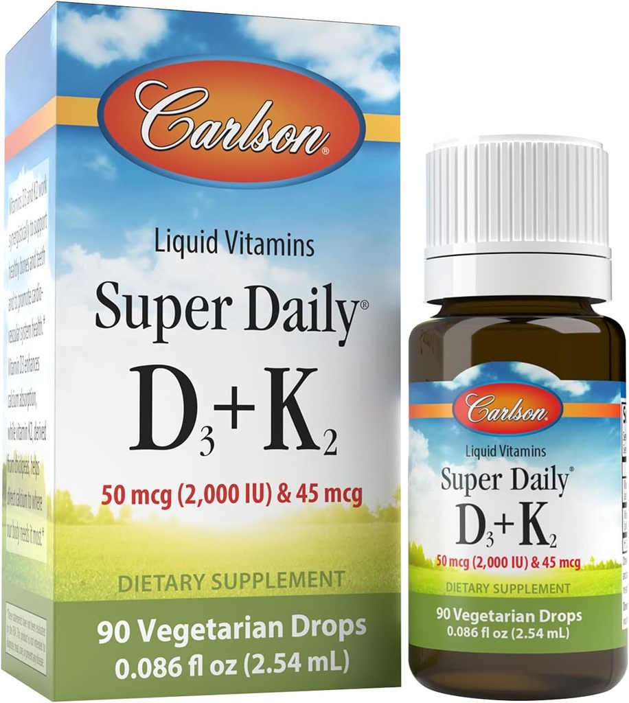 Carlson - Super Daily D3 + K2, 50 mcg D3 + 45 mcg MK-7, Saúde do Coração & Osso, 90 gotas líquidas, 2,54 ml