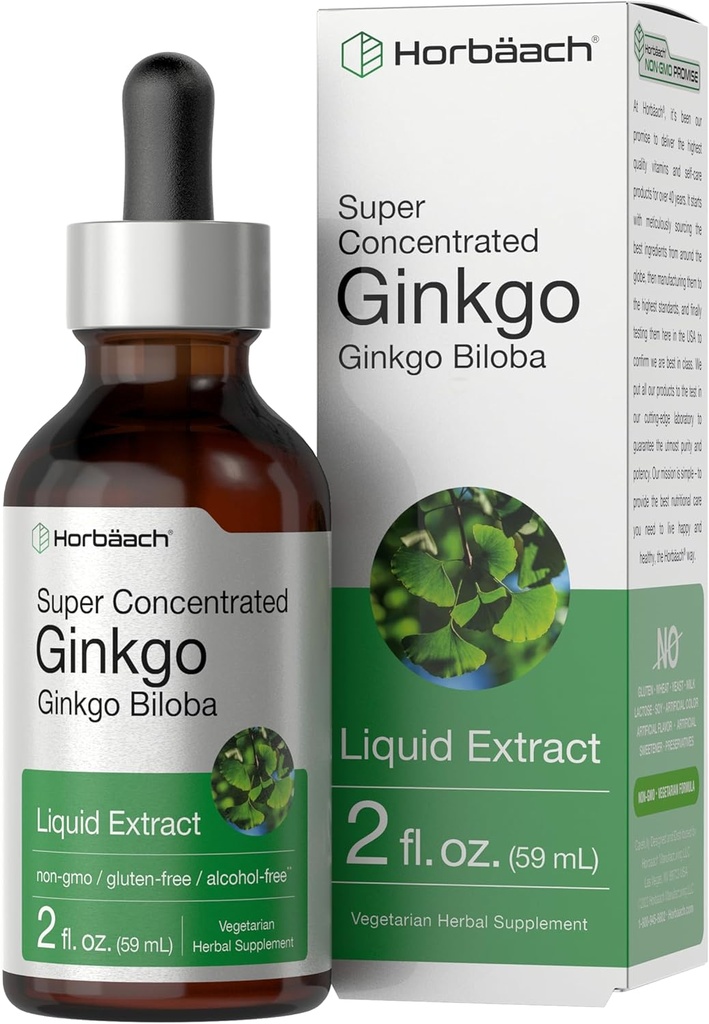 Horbäach Ginkgo Biloba ekstrakt flytende 2 fl oz | alkoholfri urt Supplement | vegetarisk, ikke-GMO, Glutenfri