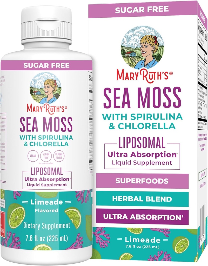 MaryRuth Organics Sea Moss mit Spirulina und Chlorella Liposomal | Chlorophyll | Dandelion Root | Superfood | Ultra Absorption | Vegan | Non-GMO | Glutenfrei | 7,6 fl oz | 15 Servietten