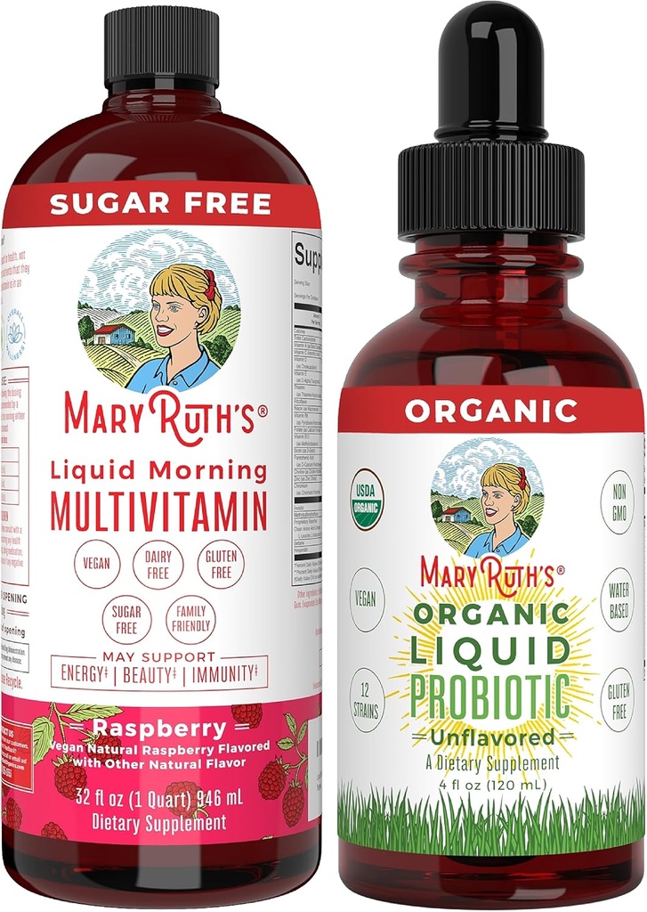 MaryRuth Organics Liquid Multivitamin Raspberry & Liquid Probiyotik 4oz Paket / Vegan Vitamin A, B, C, D3, E & Amino Acids / Immune, Digestion, Focus & Energy Support / Gut Health Supplement.