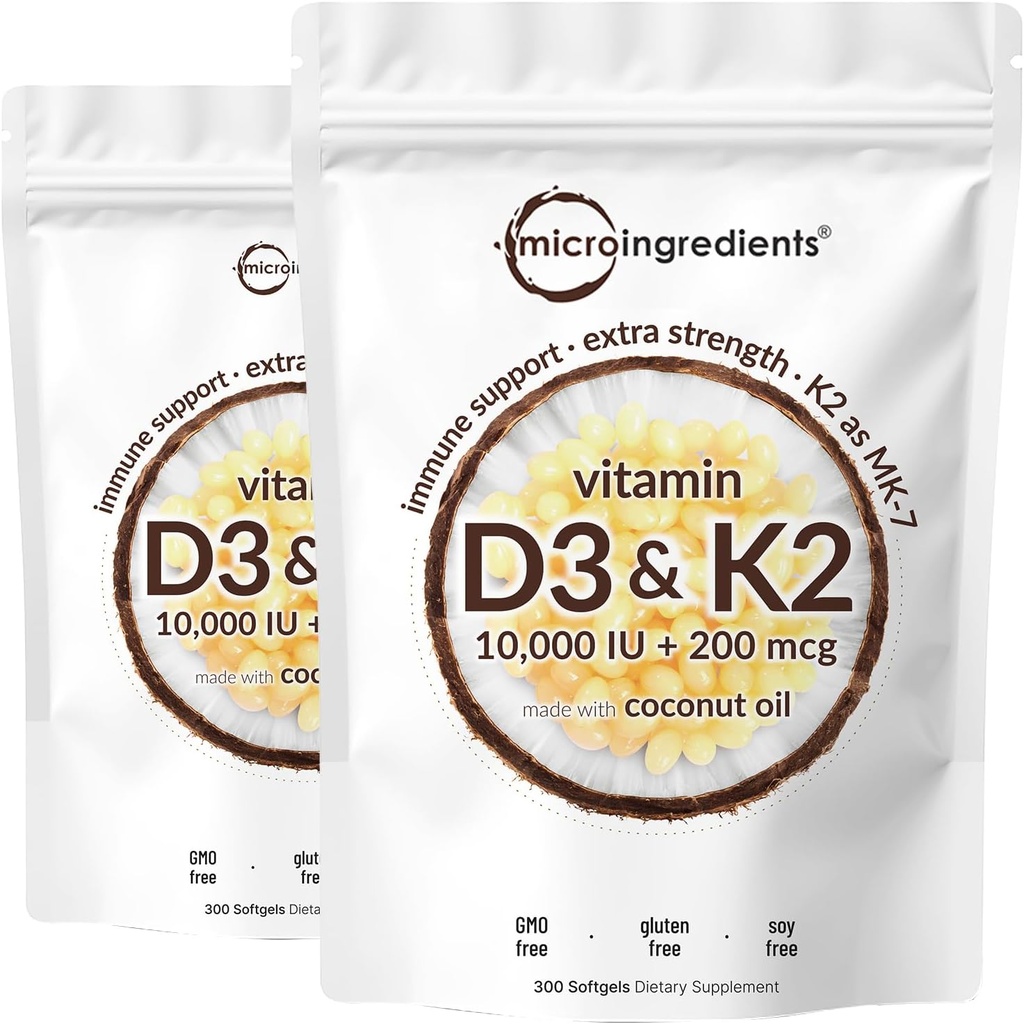 2 Pack Vitamiin D3 10000 iu Plus K2 (MK-7) 200 mcg, 300 Neitsi kookosõli softgels | 2 1 vitamiini D & K kompleks | toetab kaltsiumi imendumist, luu, immuunsüsteemi ja südame tervist - lihtne neelata