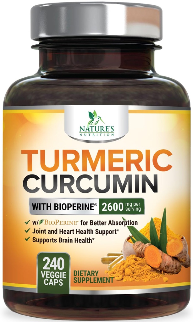 Turmeric Curcumin Supplement - 2400mg Organic Turmeric Per Serving - 95% Curcuminoids & BioPerine Black Pepper Extract for Best Absorption - Natural Vegan Joint Support, Bottled in USA - 240 Capsules