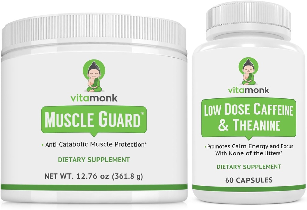 VitaMonk Muscle Guard & Nízká dávka Kofein Bundle, HMB, EAA, Vitamin D, hořčík pro růst svalů & Kofein s L- Theanine, hladký energetický boost, doplňky pro muže a ženy, Muscle & Focus Podpora
