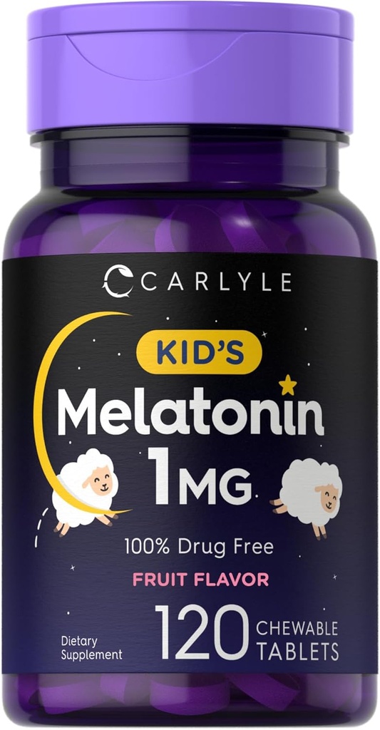 Carlyle Kids Melatonin 1mg 120 Chewable Tablets Fruit Flavor Вегетаріанські добавки Non-GMO, Глютен Безкоштовна формула