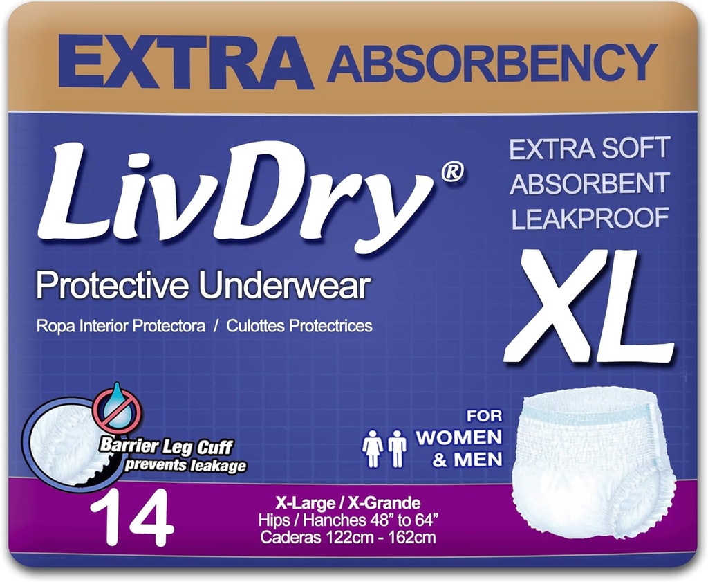 LivDry Adult XL Inkontinens Undertøy, Ekstra Absorbens Voksen Bleiers, Leak Protection, X-Stor, 14-Pack
