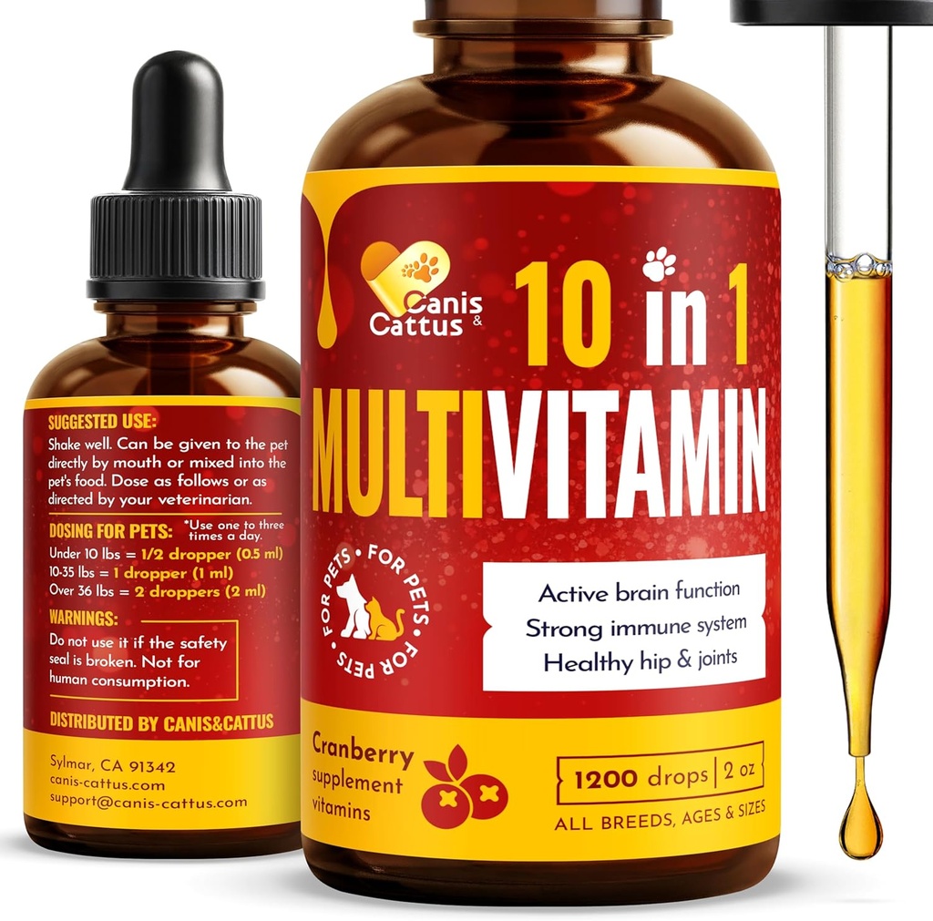 Canis&Cattus 10-in-1 Multivitamin for Dogs and Cats – Daily Glucosamine, Vitamin B, C & D3 Support - Liquid Supplement with Cranberry & MSM – 2 oz