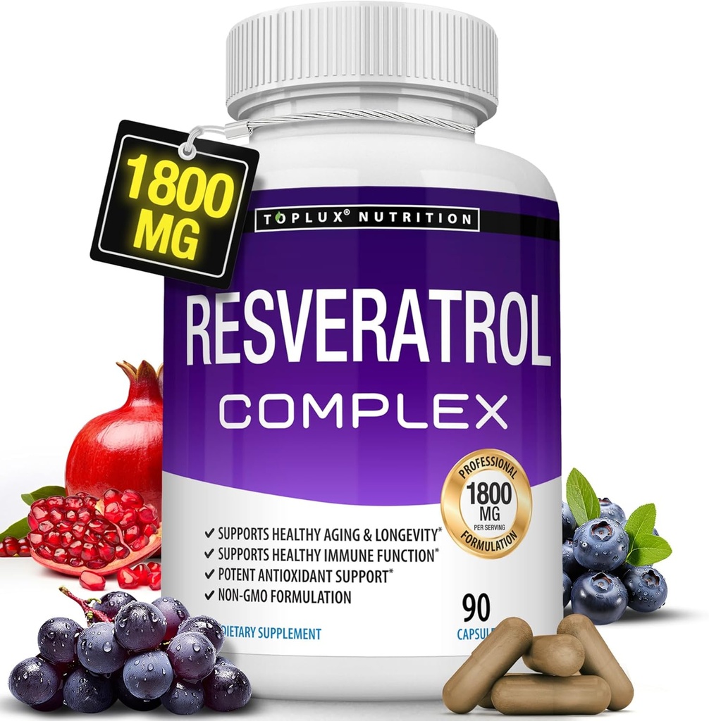 Resveratrol Supplement 1800 mg Antioxidant Complex - stærkt potent naturlige trans- Resveratrol piller til sund aldring, Samlet sundhedsstøtte, immunsystem, hjernefunktion, for mænd kvinder, 90 kapsler