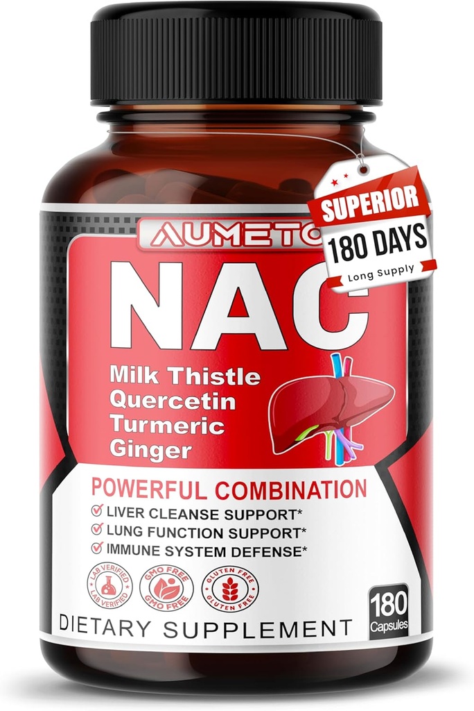 Nac Supplement N-Acetisyl-L-Cysteine - เพิ่มด้วยมิลค์ Thistle + Quarcetin for Oprimal Imunity, Resprication, Welver Wellness (180 County 1).