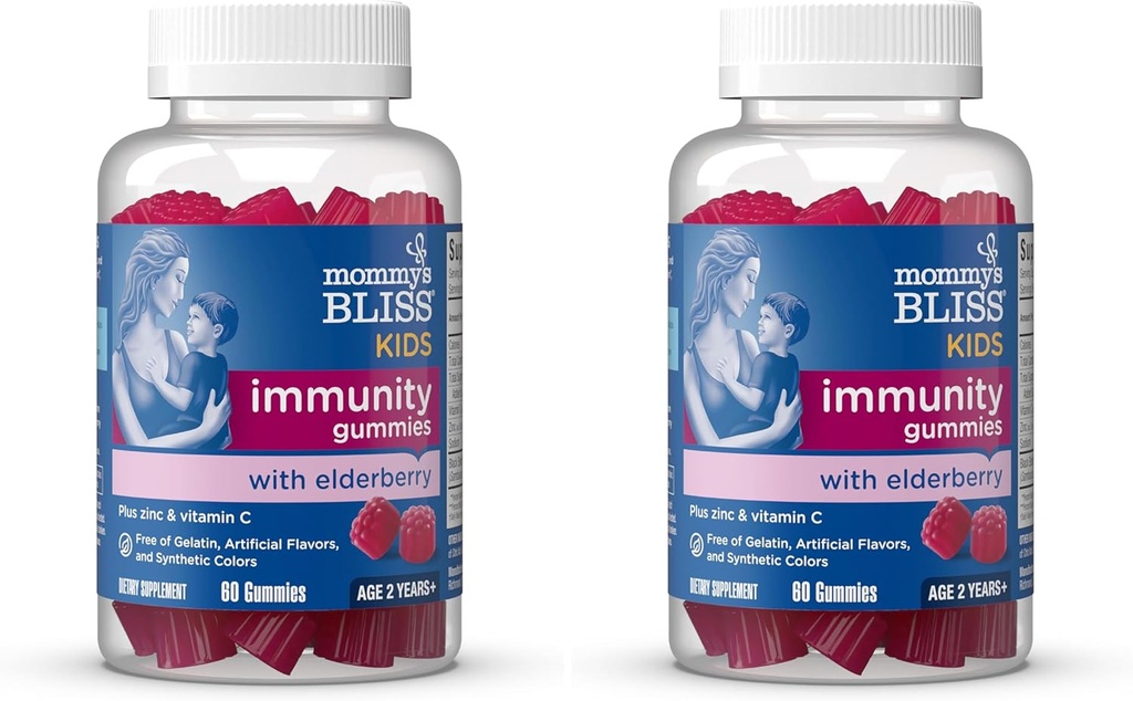 Mommy's Bliss Kids Elderberry Gummies, Black Elderberry, 아연 및 비타민 C, 글루텐 무료 & Vegan, 나이 2 년 + (60 개) (팩 2)