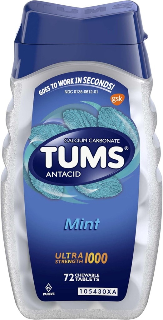 TUMS Ultra Strength Chewable Antacid Tablets for Heartburn Relief, Peppermint - 72 Count