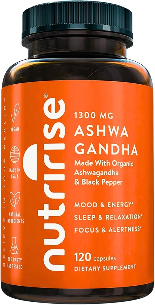 NutriRise Organic Ashwagandha Root Capsules with Black Pepper, 1300mg, Natural Stress & Mood, Schilddrüse und Immununterstützungsergänzung, Klarheit, Fokus & Energie, Glutenfrei, 120 Count