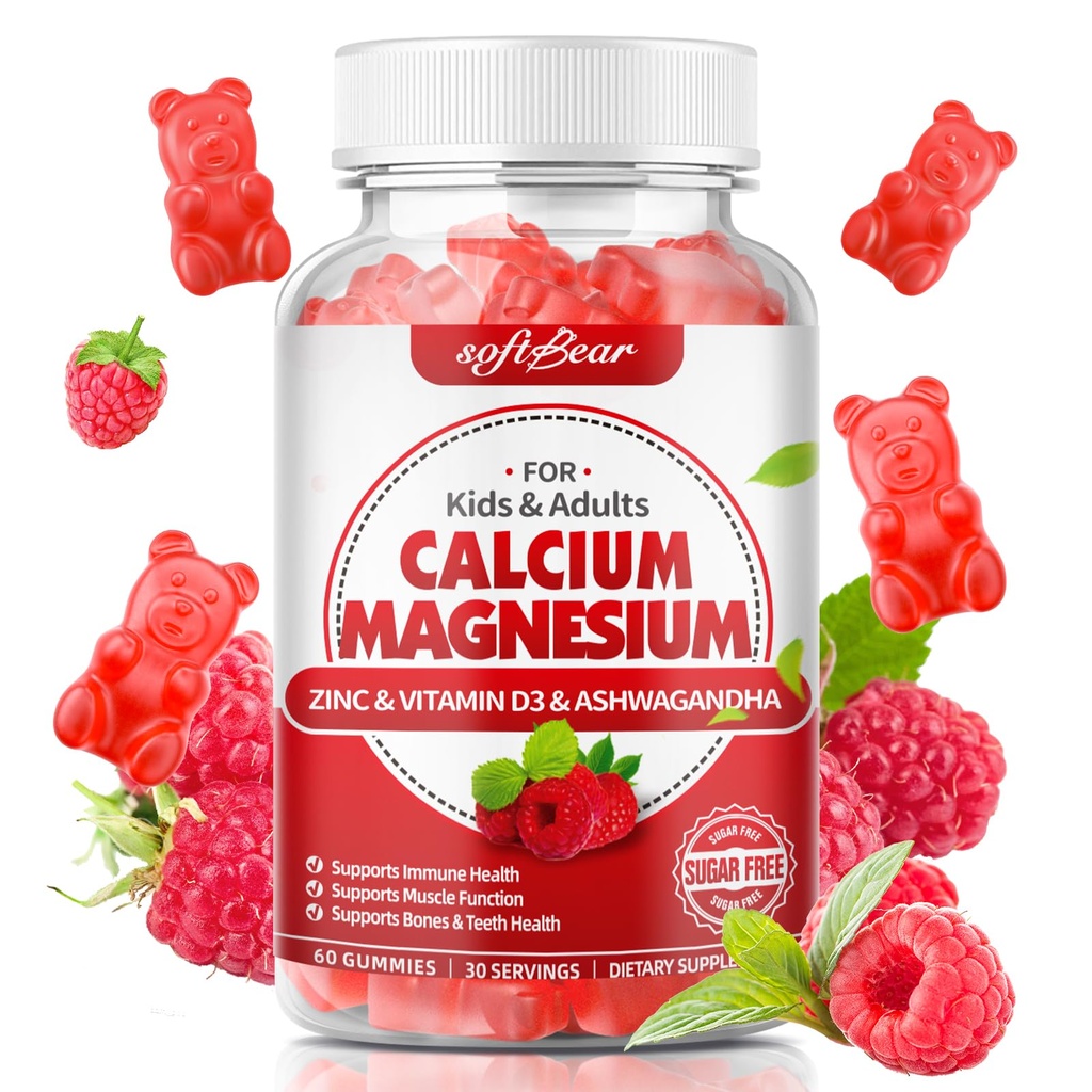 softbear Calcium Magnesium Zinc Gummies for Women, Calcium Magnesium Supplement with Vitamin D3 for Bone Strength, Vegan/Sugar-Free, Raspberry Flavor 60 Count