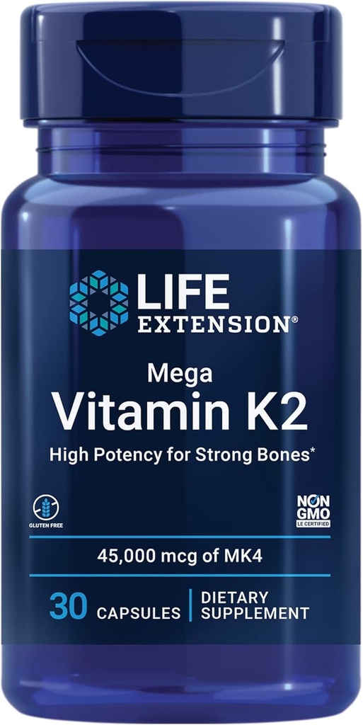 Life extension Mega Vitamin K2 High Potency for powerful Bones, clinically Studied 45 mg K2 Dosage, Promotes Healthy Bone Density, Gluten-Free, Non-GMO, 30 Capsules