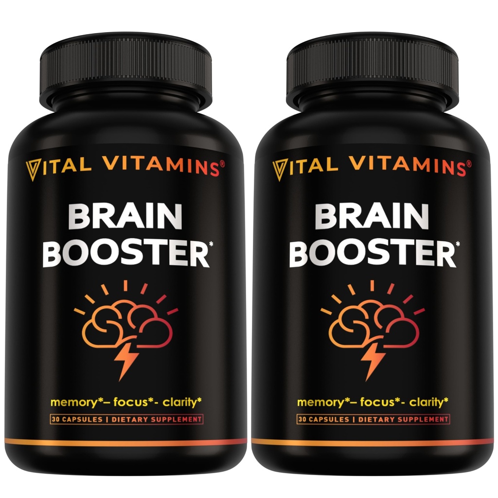 Vital Vitamins Brain Supplements for Memory and Focus (2-Pack)– Nootropic Brain Booster with Ginkgo Biloba, Rhodiola, B12 – Caffeine-Free Support for Adults & Seniors – 60-Day Supply