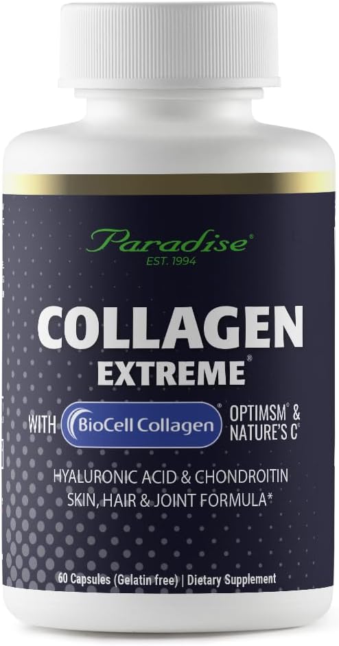 Paradise Herbs Collagen Extreme com Colágeno Biocell, Ácido Hialurônico e C da Natureza, para Cabelo Saudável, Pele e Articulações, 60 Cápsulas