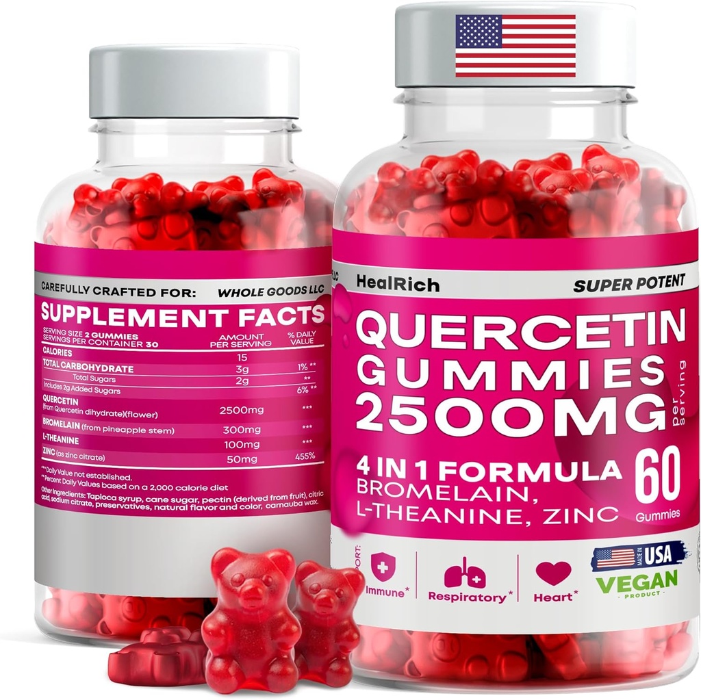 Quercetin Gummies - 2500MG cu Bromelain, L-Theanine - Suport imunitar Gummies Alergia Ajutor & Lung Sănătate pentru copii și adulți