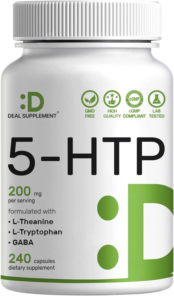Deal Supplement 5-HTP 200mg Per Serving, 240 Kapsule, 98% African Dedived Griffonia Seed Extract 4 in 1 Formula 