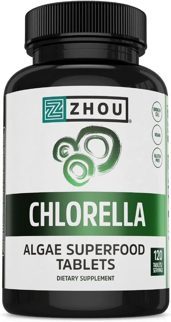 Zhou Chlorella Tablets - Chlorella Supplement, Chlorofyl Vitaminen, Pure Green Algen Superfood, Nutrient Rich Super Food Pillen, Gebroken Cell Wall - 120 Vegan tabletten
