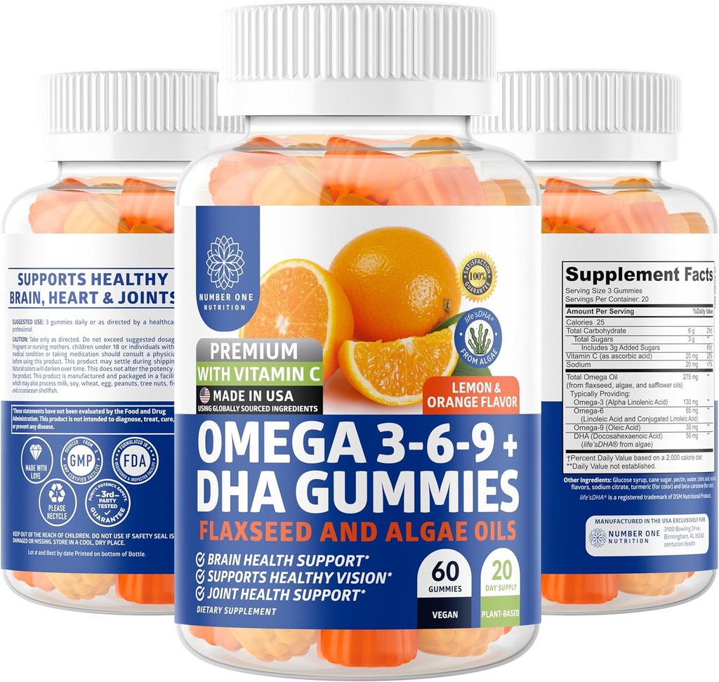 N1N Premium Omega 3 6 9 + DHA Gumies [Vegan, Plant based] Natural Brain, Imunitate și sprijin comun pentru sănătate cu vitamina C, 60 Gummies