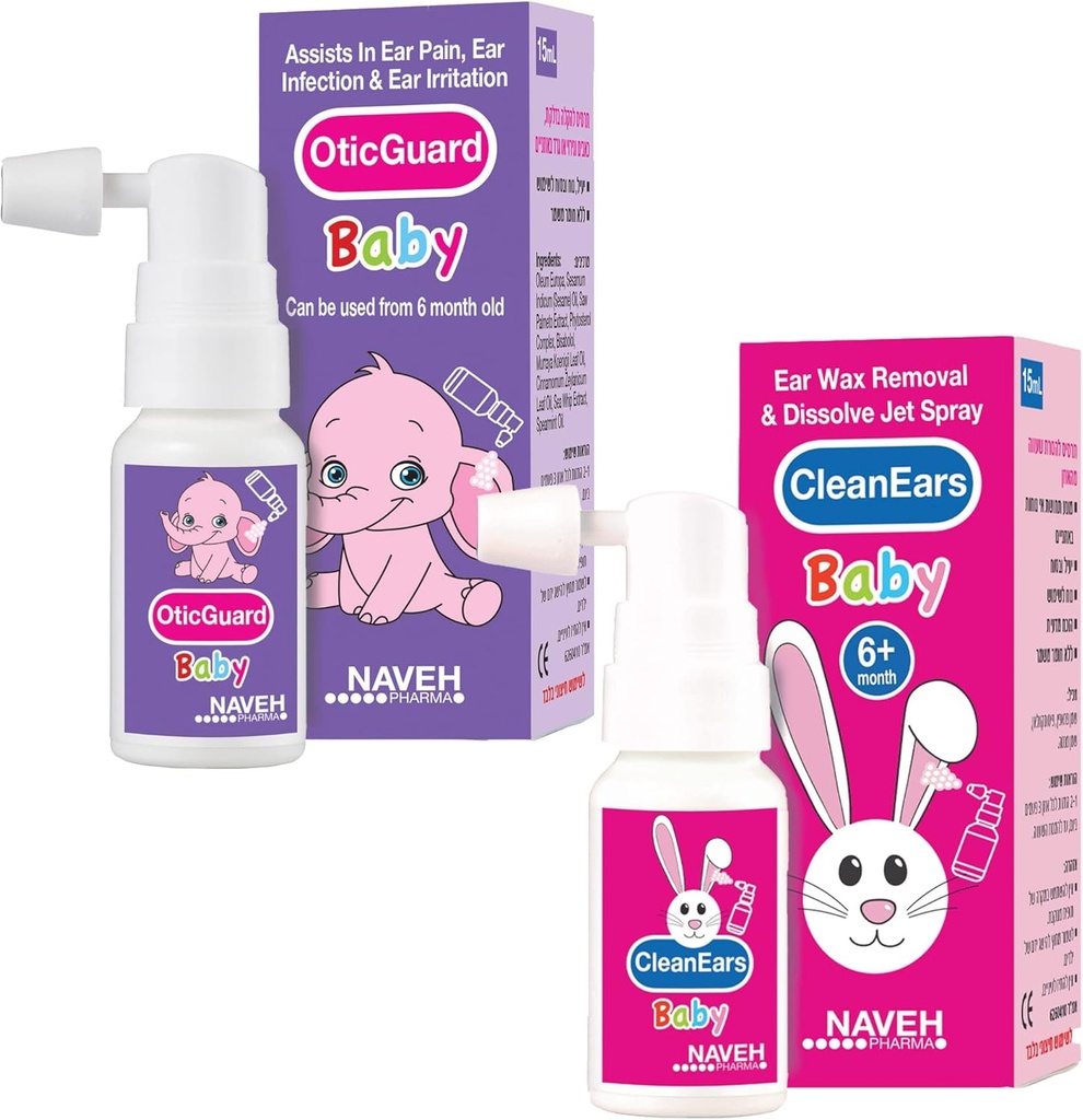 יחידה אחת Naveh Pharma CleanEars Baby Earwax Removal Spray 1 Fl Oz + 1 יחידה של NAVEH PHARMA Otic Guard  Ear 0.5 Fl Oz