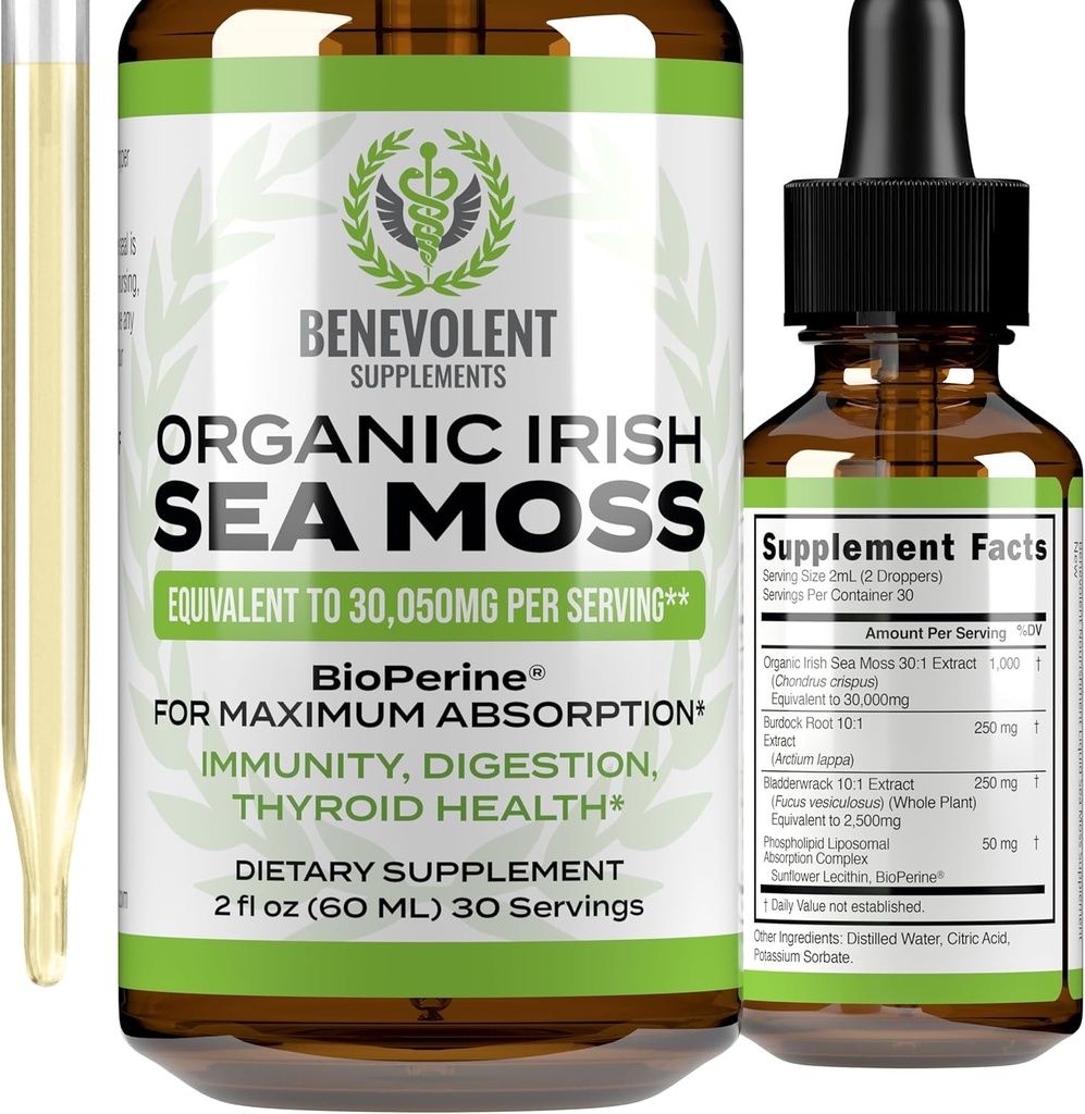 Benevolent Nourishment Organic Irish Sea Moss Drops 2oz - Burdock Root, Bladderwrack & BioPerine [Ultra Güçlü] 30.000 mg Sea Moss Liquid Drops for Immune Support, Thyroid, Gut, Skin & Ortak Sağlık