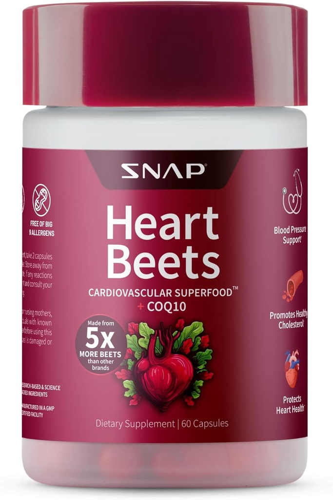 Snap-Ergänzungen Herz Rüben Kapseln mit CoQ10, Herz-Kreislauf-Unterstützung Ergänzung für Männer & Frauen, Superfood mit 5X Mehr Beets, Herz-Gesundheit, Zirkulation & Cholesterol-Unterstützung, 60 Kapseln