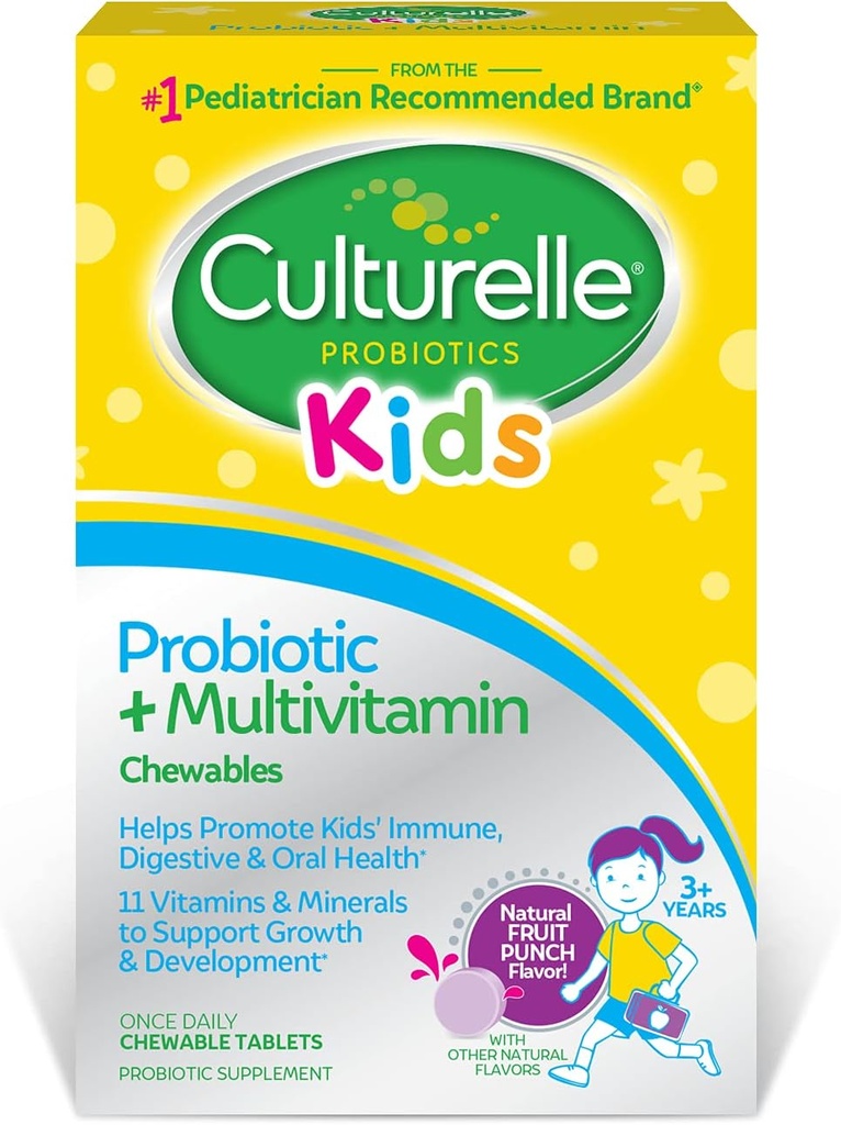 Culturelle Lapset Probiootti + Complete Multivitamiini pureskeltava lapsille, ikä 3+, 30 kreivi, Ruoansulatus, suun terveys ja immuuni tuki - 11 vitamiinit ja mineraalit, mukaan lukien C-vitamiini, D3 ja sinkki