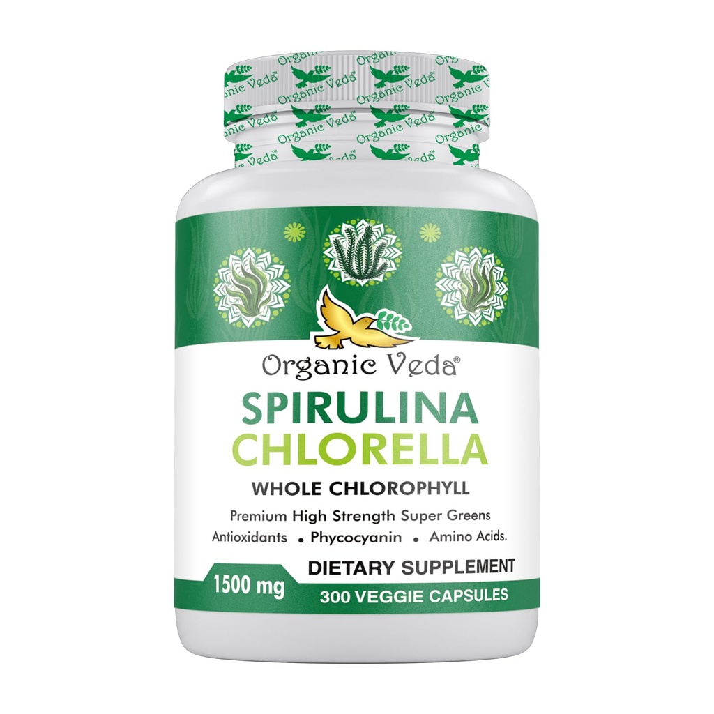 Organic Veda Spirulina & Chlorella Capsules, 1500mg, 300 Count - Spirulina Chlorella Capsules with Super Green Antioxidants, Phycocyanin, Amino Acid - Boost Immunity, Energy, Support Digestion