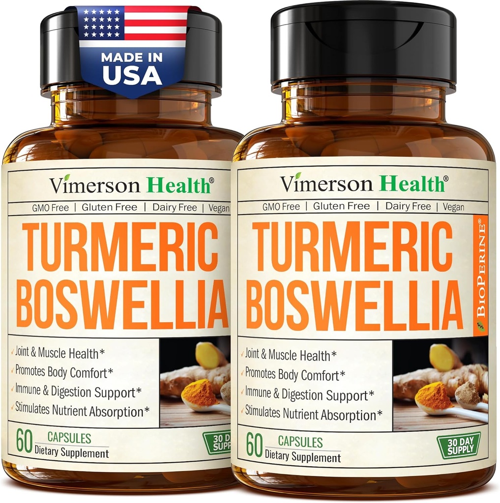 Suplemen Curcumin Turmeric dengan Boswellia Serrata, Ginger Root, Poader Turmeric Organik & Black Pepper - 95% Curcuminoid Turmeric Supplemen Boswellia Ekstrak - Gluten Free Tumeric Caps 2 - Pack