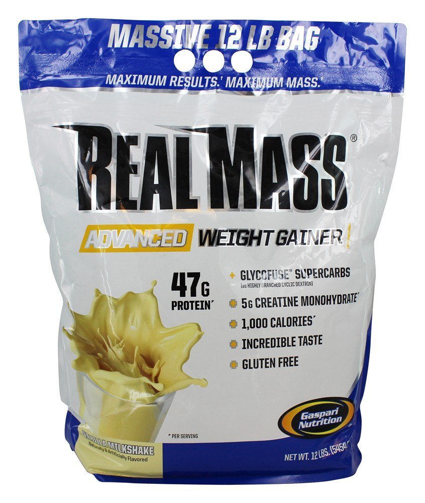 Gaspari Nutrition Real Mass: Advanced Weight Gainer, Protein and Complex Carb Blend, 50g Protein, 16g EAAs, Gluten-Free, 12 lbs (Vanilla Milkshake)