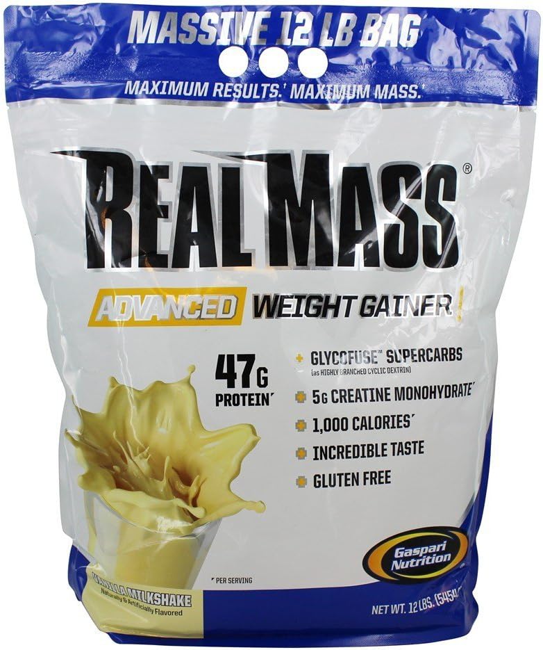 Gaspari Nutrition Real Mass: Advanced Weight Gainer, Protein and Complex Carb Blend, 50g Protein, 16g EAs, Gluten-Free, 12 lbs (Vanilla Milkshake)