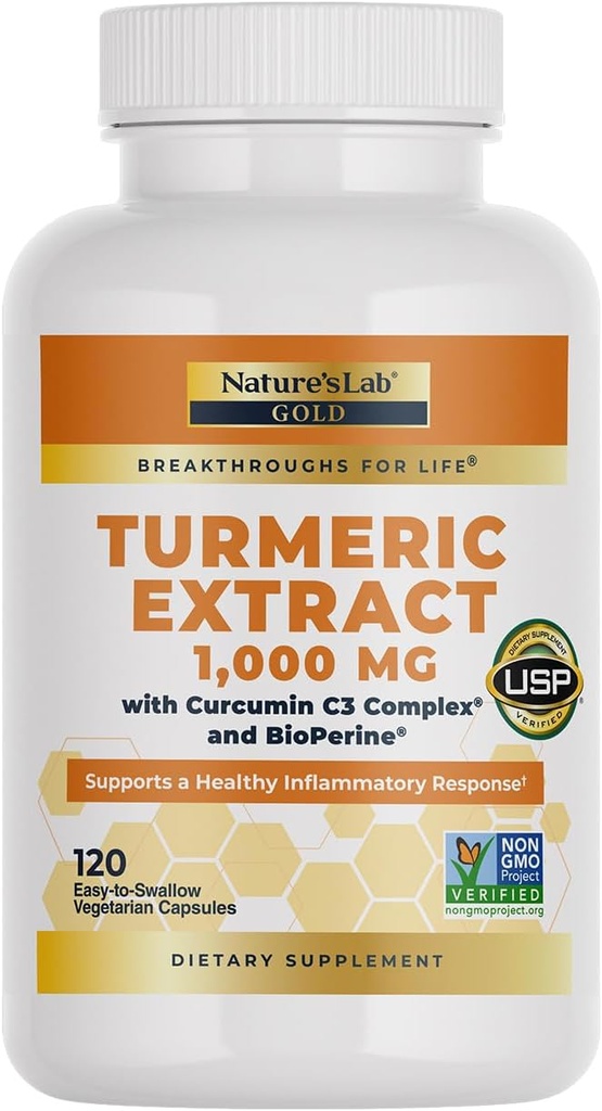 Nature's Lab Turmeric Curcumin C3 Complex 1000mg - Turmeric Extract 1000mg & BioPerine 5mg Standardized to 95%, Promotes Cardiovascular, Immune, Joint, Skin Health - 120 капсул (60 Day Supply)