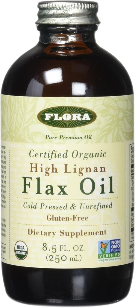 Flora Health Sertifikatlaşdırılmış Organic High Lignan Flax Seed Oil, Cold Pressed, Unrefined & Gluten Essential Fatty Acids ilə Pulsuz, Unmodified Flaxseed Oil, 17 fl. oz. Qapı