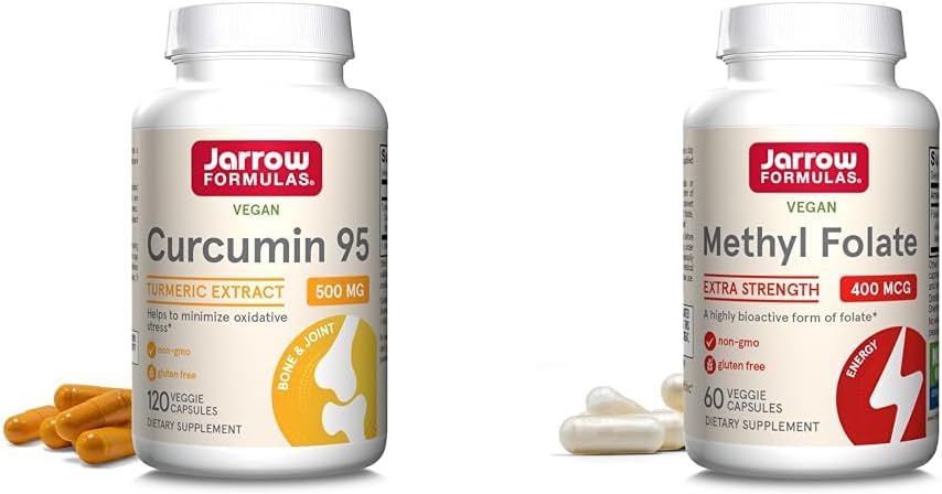 Jarrow Formules Curcumin 95 500mg en Methyl Folate 400mcg Antioxidant en Cardiovasculaire Gezondheidsondersteuning Dieetsupplement Bundle, 120 en 60 Veggie Capsules