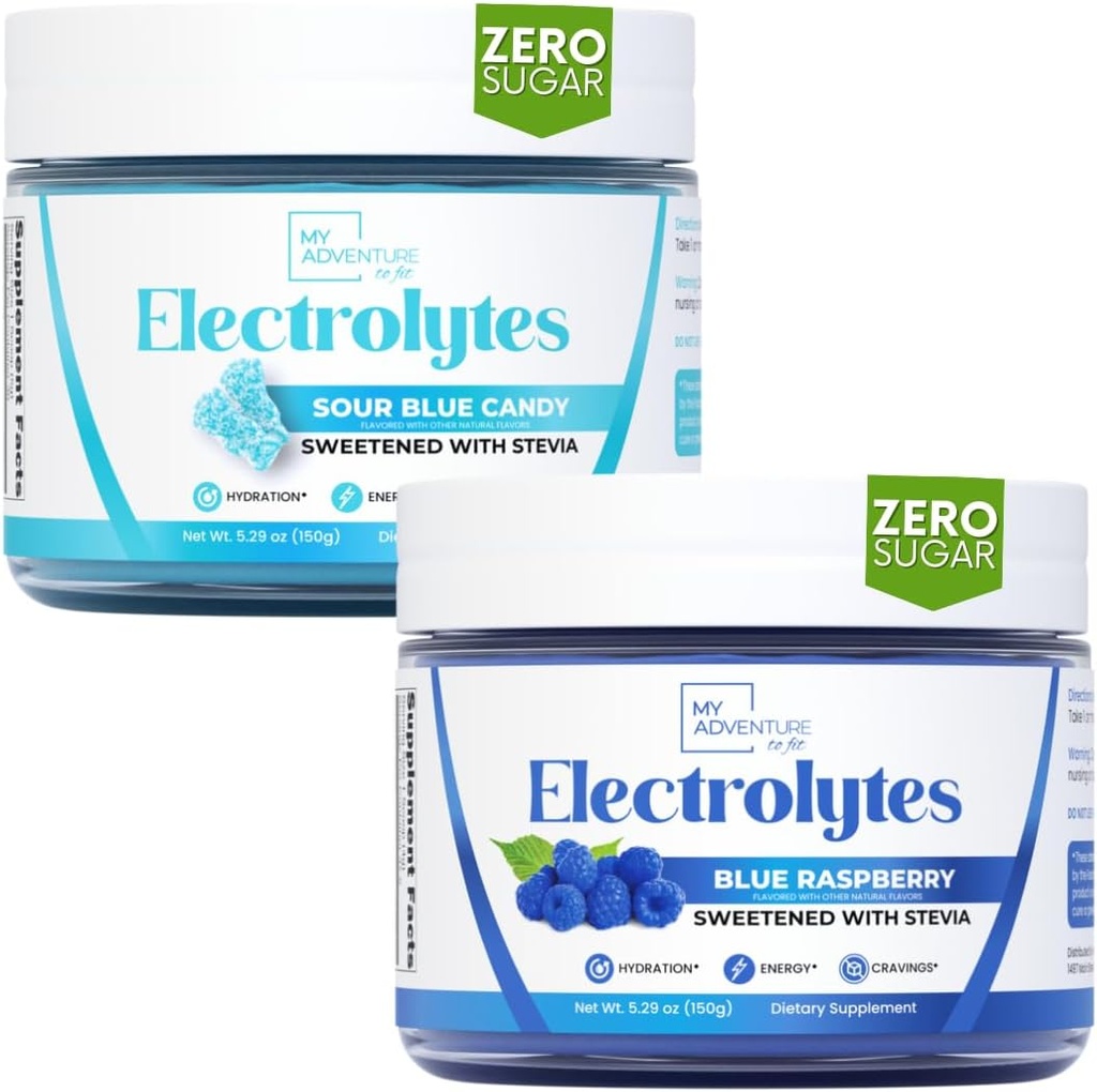 Nire abentura hidratazio freskatzeko elektrolitoak Zero Sugar, Bundle, Blue Raspberry & Sour Blue Flavors-ekin